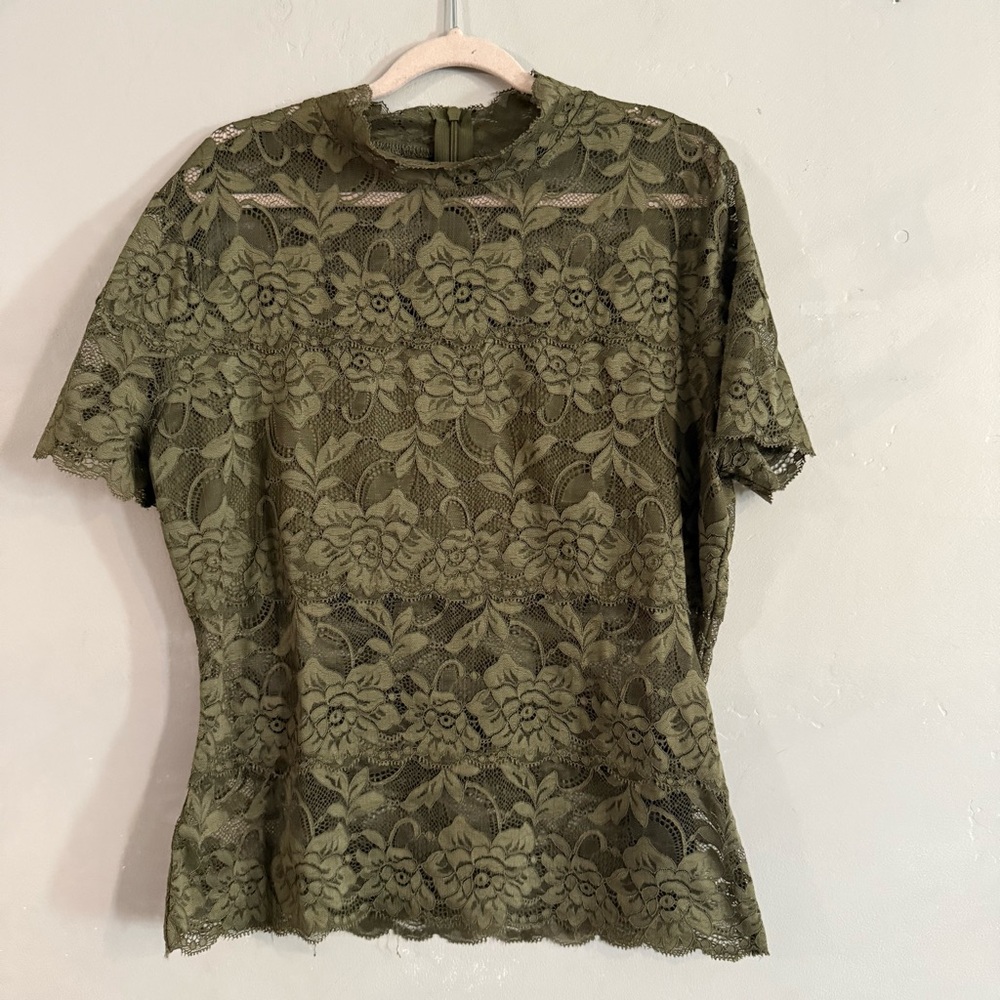 Guess Shayna Mock Neck Olive Lace Blouse - Picture 6 of 8